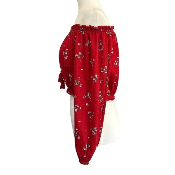 H&M Divided‎ Floral Off Shoulder Crop Top Long Sleeve Peasant Style Blouse Red M - Picture 3 of 5